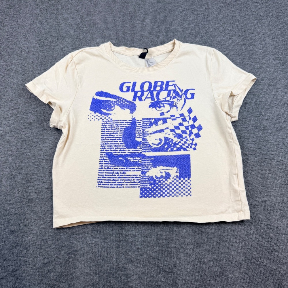 H&M Divided‎ Graphic T-Shirt Women's Medium Beige Globe Racing Short Sleeve Tee